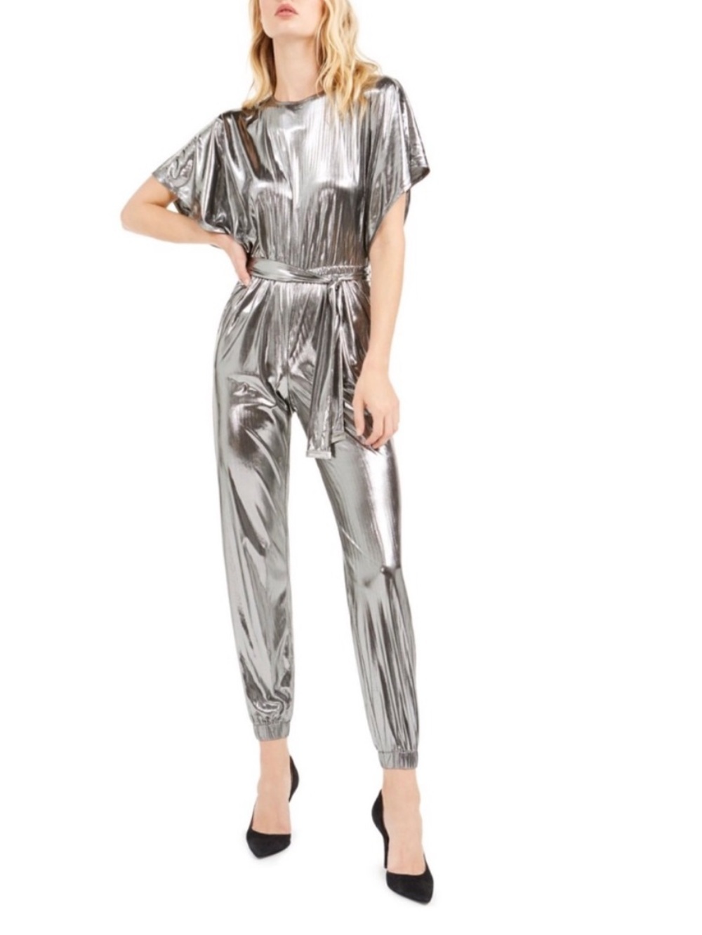 MICHAEL Michael Kors Silver metallic jumpsuit, S, 18” PTP, 28” inseam